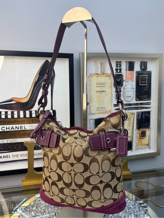 Coach Handbags - Coach Signature Canvas Hobo Bag in Khaki & Berry